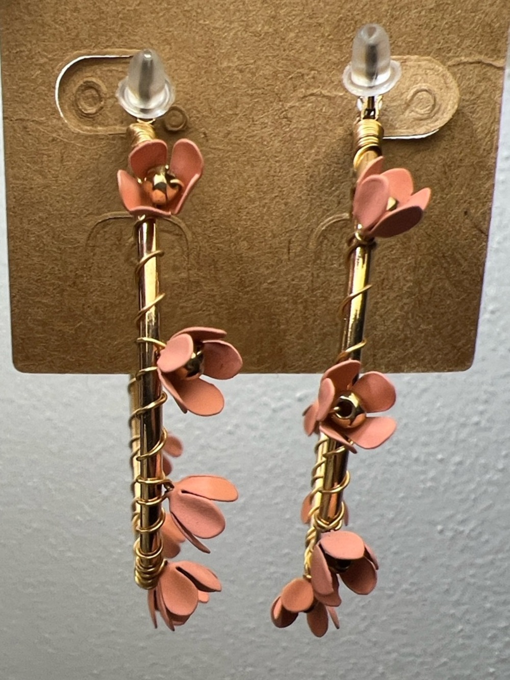 Gold Hoop Earrings with Pink Floral Accents 1 3/4 inch NEW Summer Flower